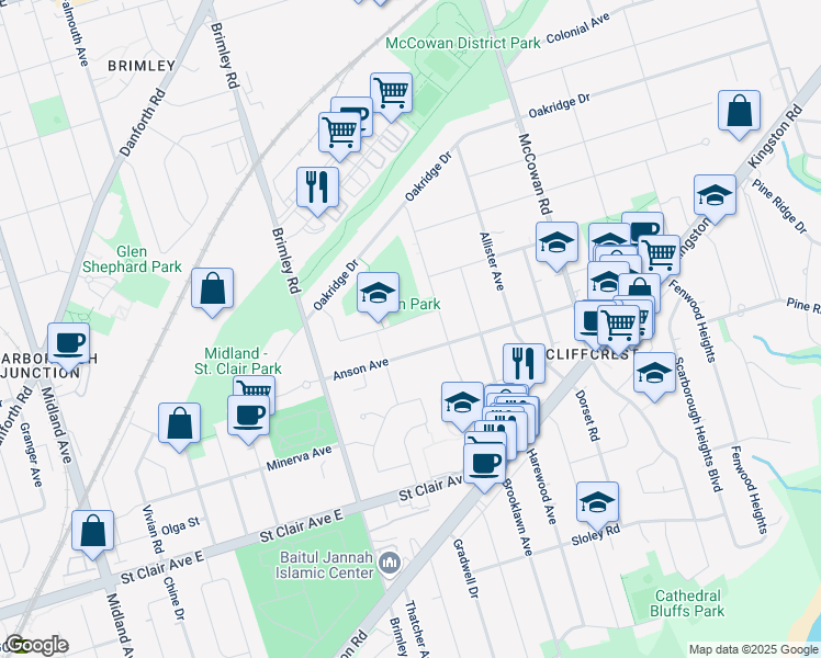 map of restaurants, bars, coffee shops, grocery stores, and more near in Toronto