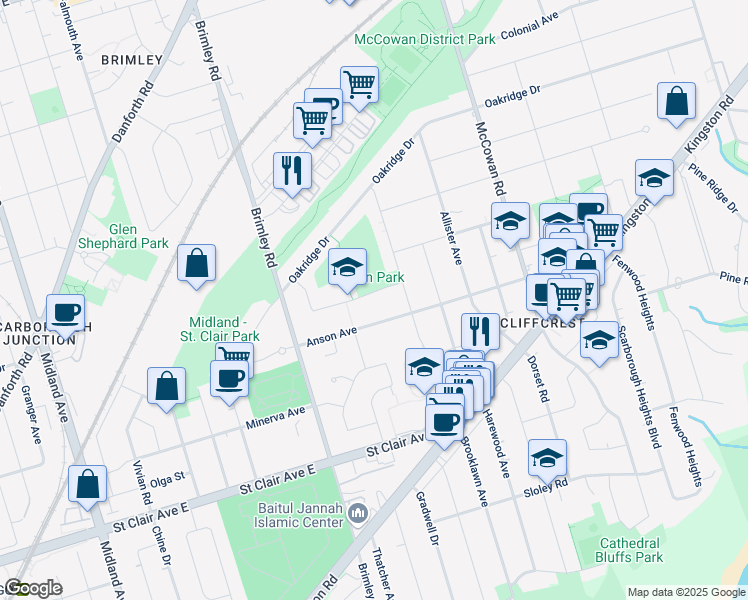 map of restaurants, bars, coffee shops, grocery stores, and more near in Toronto