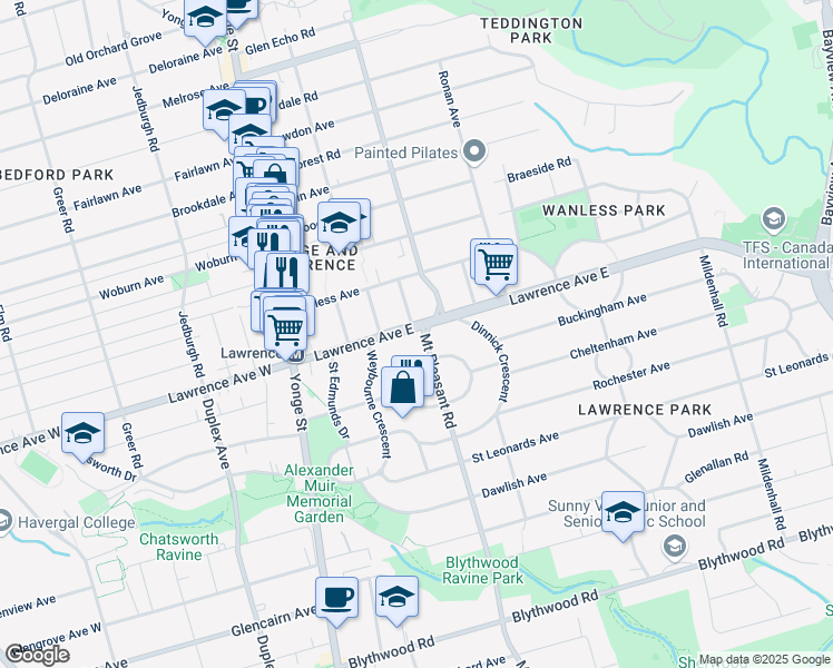 map of restaurants, bars, coffee shops, grocery stores, and more near in Toronto