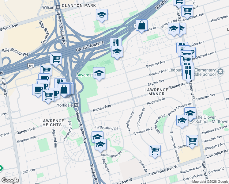 map of restaurants, bars, coffee shops, grocery stores, and more near in Toronto