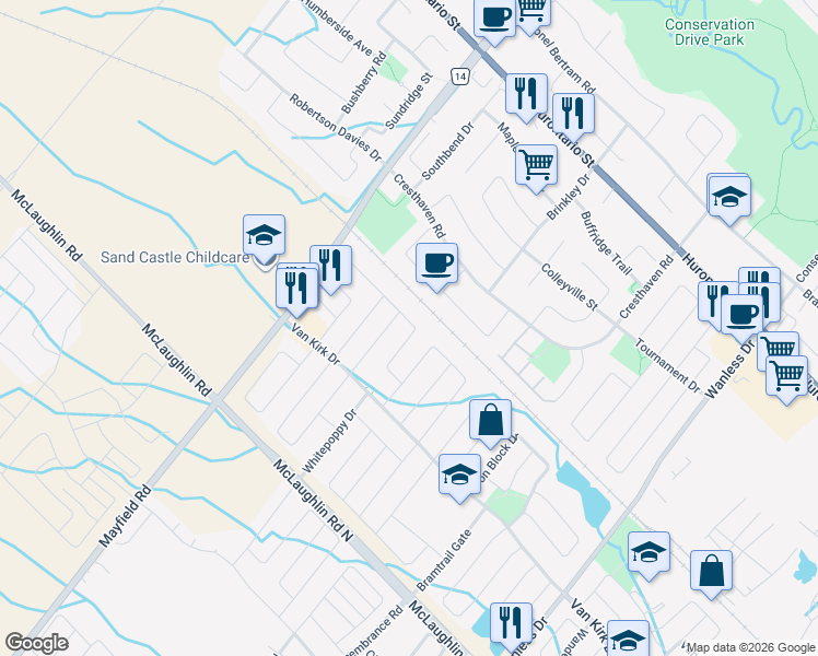 map of restaurants, bars, coffee shops, grocery stores, and more near 56 Iceland Poppy Trail in Brampton