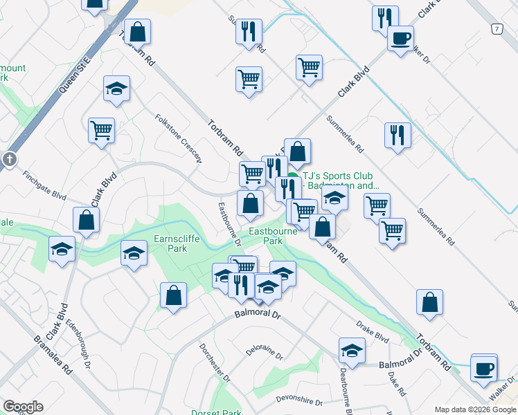 map of restaurants, bars, coffee shops, grocery stores, and more near 120 Ellerslie Road in Brampton