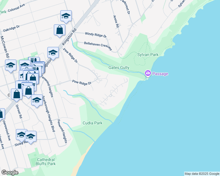 map of restaurants, bars, coffee shops, grocery stores, and more near 25 Meadowcliffe Drive in Toronto