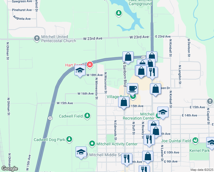 map of restaurants, bars, coffee shops, grocery stores, and more near 1700 North Wisconsin Street in Mitchell
