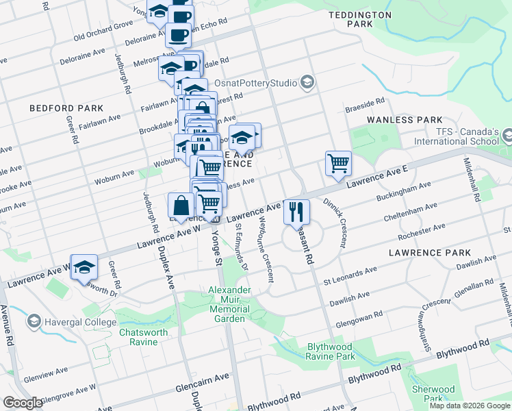 map of restaurants, bars, coffee shops, grocery stores, and more near 50 Lawrence Avenue East in Toronto