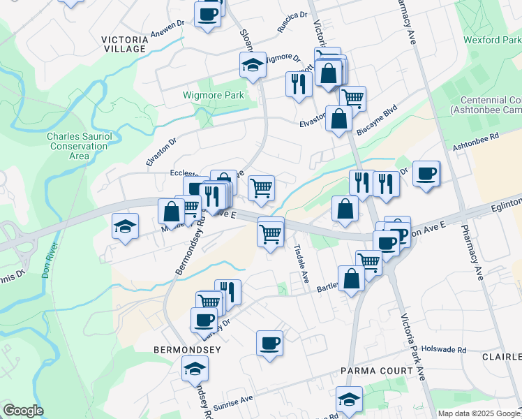 map of restaurants, bars, coffee shops, grocery stores, and more near 1730 Eglinton Avenue East in Toronto