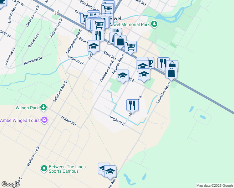 map of restaurants, bars, coffee shops, grocery stores, and more near 475 Mowat Street East in Listowel