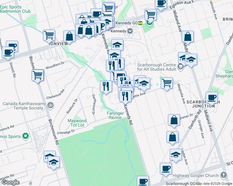 map of restaurants, bars, coffee shops, grocery stores, and more near 672 Kennedy Road in Toronto