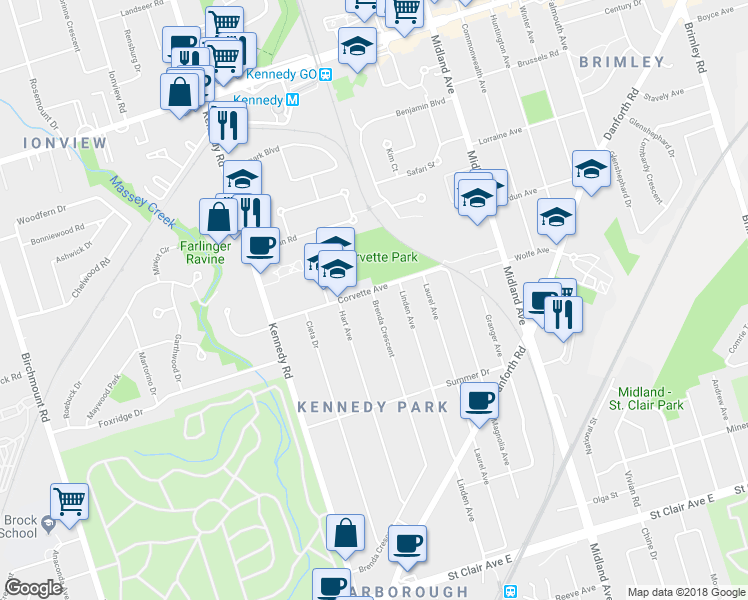 map of restaurants, bars, coffee shops, grocery stores, and more near 146 Brenda Crescent in Toronto