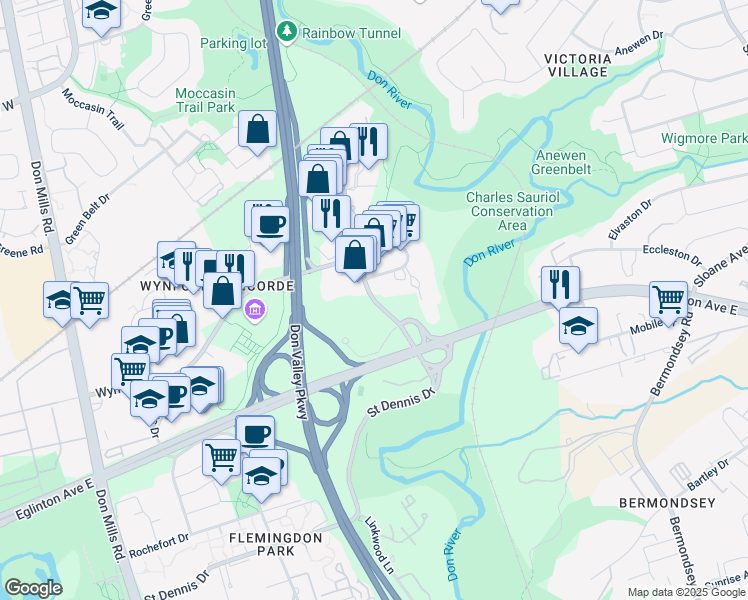 map of restaurants, bars, coffee shops, grocery stores, and more near 171 Wynford Drive in Toronto