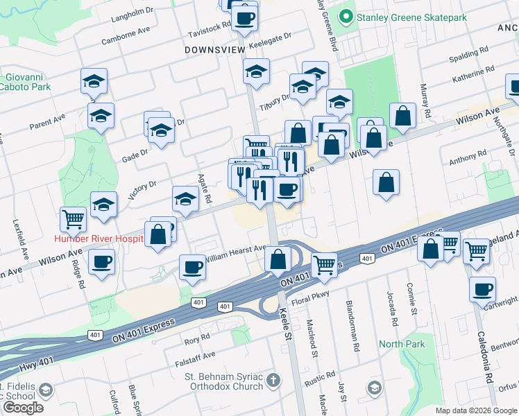 map of restaurants, bars, coffee shops, grocery stores, and more near 2712 Keele Street in Toronto