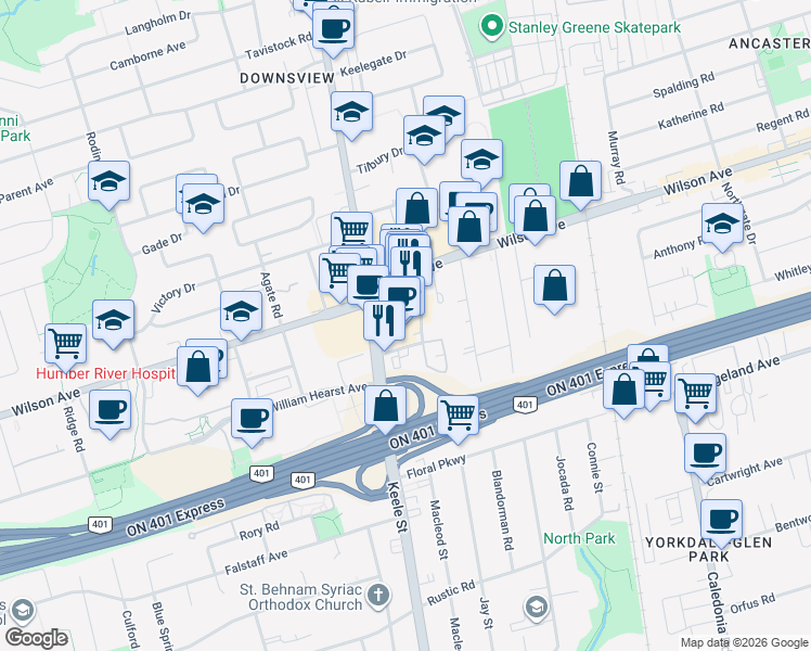 map of restaurants, bars, coffee shops, grocery stores, and more near 2737 Keele Street in Toronto