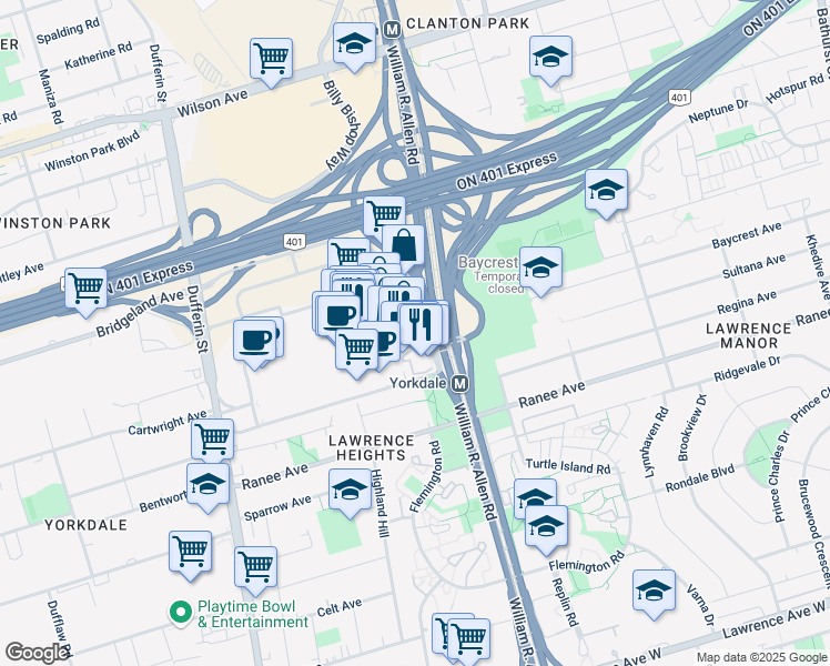 map of restaurants, bars, coffee shops, grocery stores, and more near 1037 Yorkdale Road in Toronto