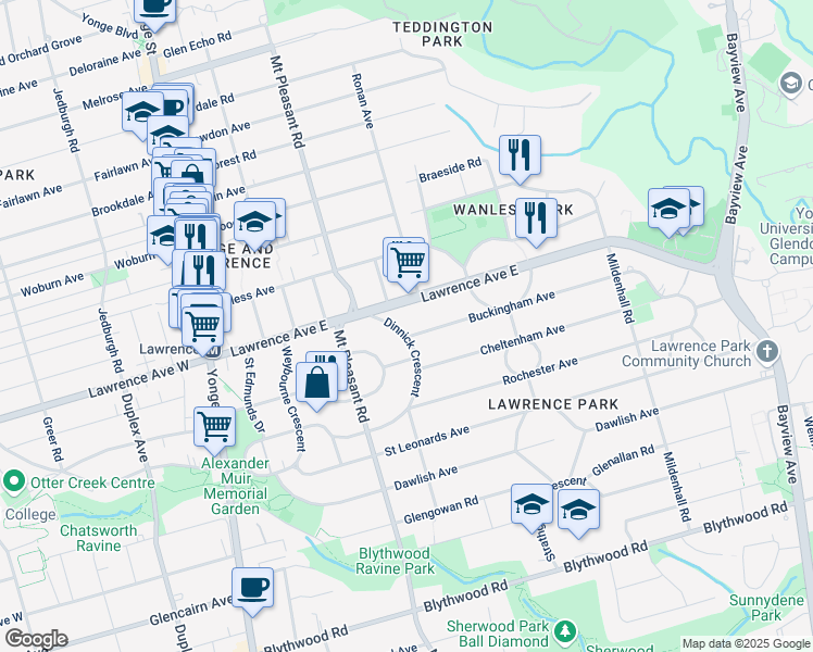 map of restaurants, bars, coffee shops, grocery stores, and more near 165 Dinnick Crescent in Toronto