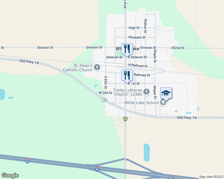 map of restaurants, bars, coffee shops, grocery stores, and more near 501-511 West 1st Street in White Lake