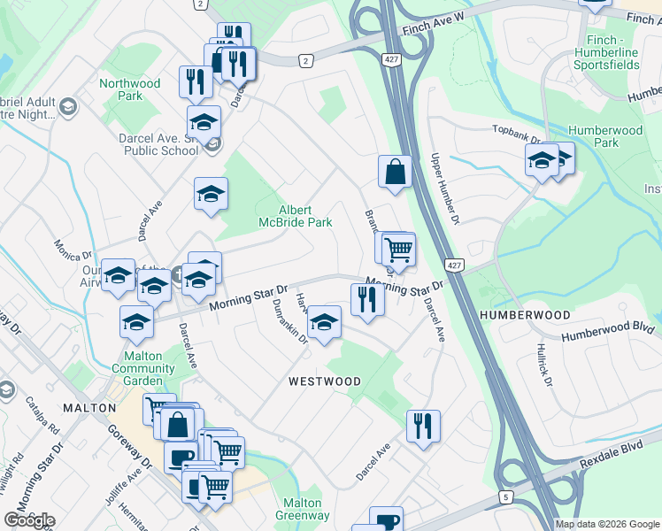 map of restaurants, bars, coffee shops, grocery stores, and more near 7236 Meyer Drive in Mississauga