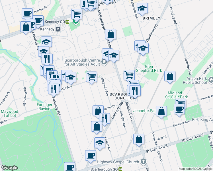 map of restaurants, bars, coffee shops, grocery stores, and more near 167 Magnolia Avenue in Toronto