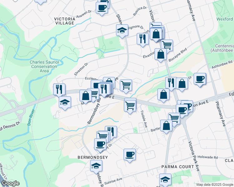 map of restaurants, bars, coffee shops, grocery stores, and more near 1720 Eglinton Avenue East in Toronto
