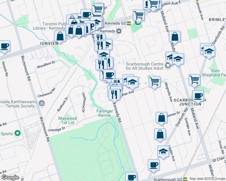 map of restaurants, bars, coffee shops, grocery stores, and more near 665 Kennedy Road in Toronto