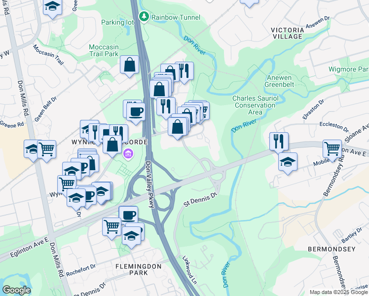 map of restaurants, bars, coffee shops, grocery stores, and more near 161 Wynford Drive in Toronto