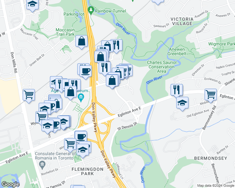 map of restaurants, bars, coffee shops, grocery stores, and more near 165 Wynford Drive in Toronto