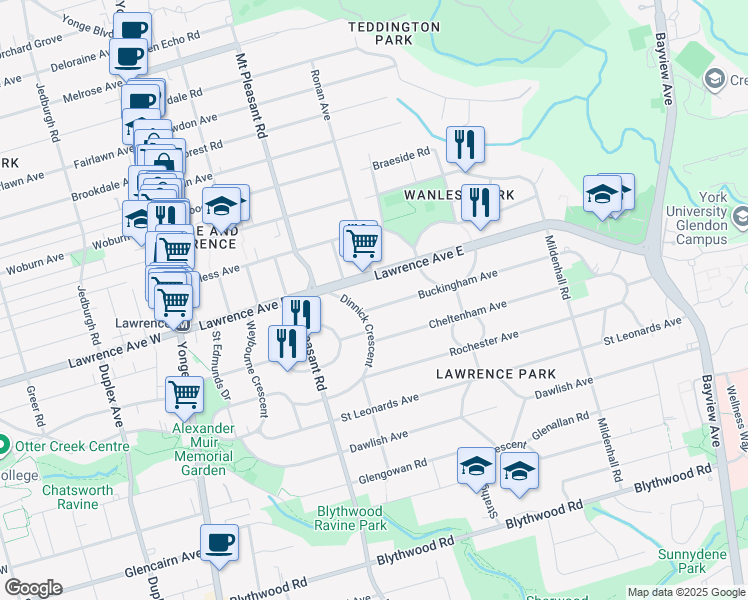map of restaurants, bars, coffee shops, grocery stores, and more near 12 Buckingham Avenue in Toronto
