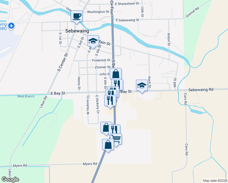 map of restaurants, bars, coffee shops, grocery stores, and more near 560 South Beck Street in Sebewaing