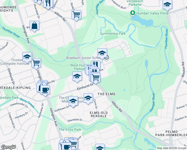 map of restaurants, bars, coffee shops, grocery stores, and more near 398 Albion Road in Toronto