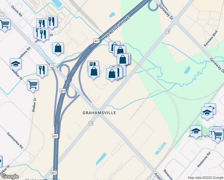 map of restaurants, bars, coffee shops, grocery stores, and more near 341 Parkhurst Square in Brampton