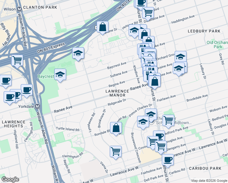 map of restaurants, bars, coffee shops, grocery stores, and more near 84 Ranee Avenue in Toronto