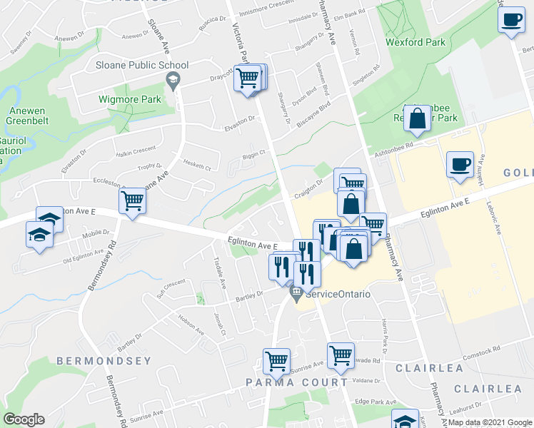 map of restaurants, bars, coffee shops, grocery stores, and more near 1790 Eglinton Avenue East in Toronto