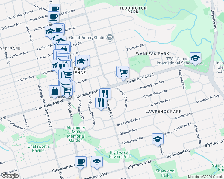 map of restaurants, bars, coffee shops, grocery stores, and more near 202 Dinnick Crescent in Toronto