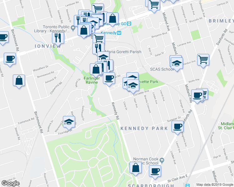 map of restaurants, bars, coffee shops, grocery stores, and more near 30 Eppleworth Road in Toronto