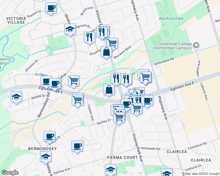 map of restaurants, bars, coffee shops, grocery stores, and more near 1790 Eglinton Avenue East in Toronto