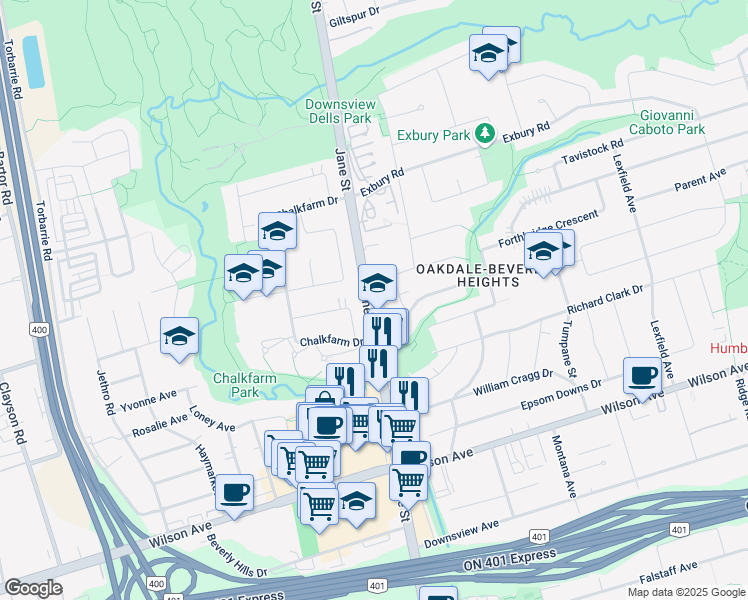 map of restaurants, bars, coffee shops, grocery stores, and more near 2257 Jane Street in Toronto