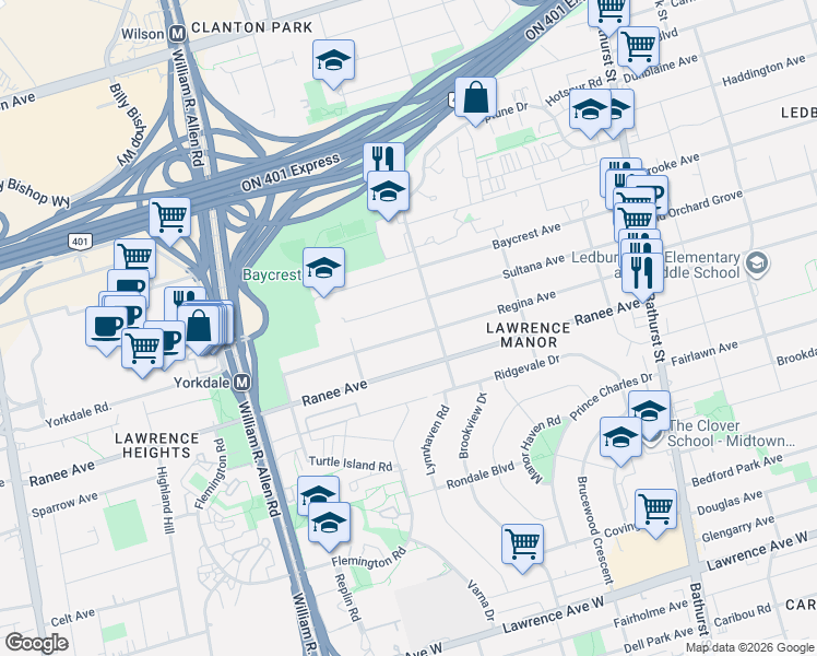map of restaurants, bars, coffee shops, grocery stores, and more near in Toronto