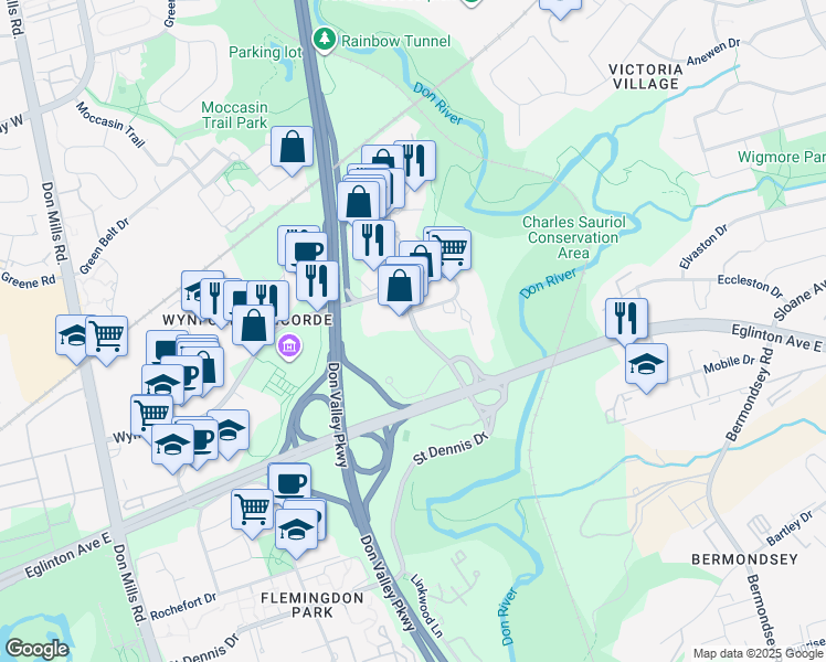 map of restaurants, bars, coffee shops, grocery stores, and more near 157 Wynford Drive in Toronto