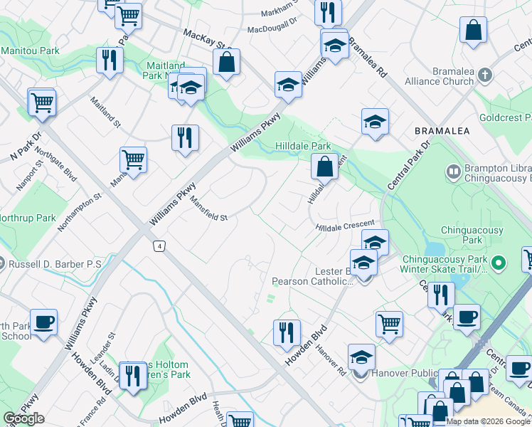 map of restaurants, bars, coffee shops, grocery stores, and more near 23 Hercules Court in Brampton