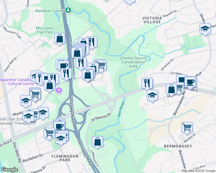 map of restaurants, bars, coffee shops, grocery stores, and more near 45 Wynford Heights Crescent in Toronto