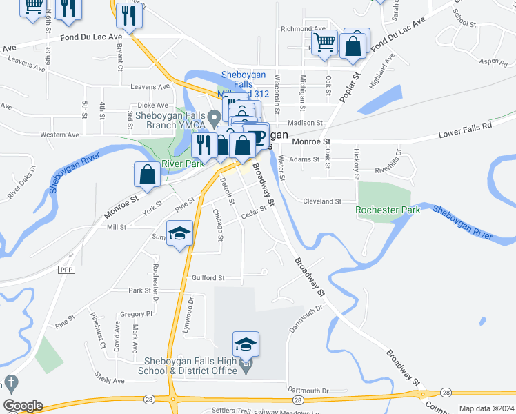 map of restaurants, bars, coffee shops, grocery stores, and more near 736 Buffalo Street in Sheboygan Falls