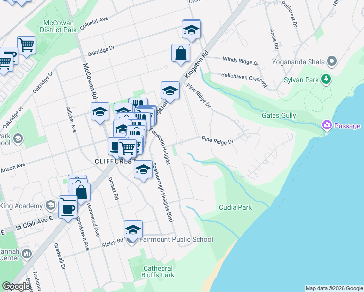 map of restaurants, bars, coffee shops, grocery stores, and more near 7 Balcarra Avenue in Toronto