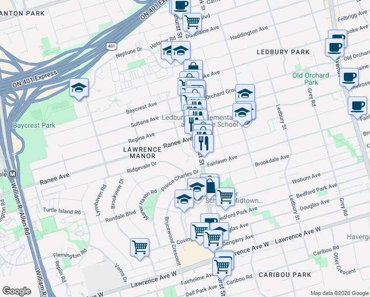 map of restaurants, bars, coffee shops, grocery stores, and more near 43 Khedive Avenue in Toronto