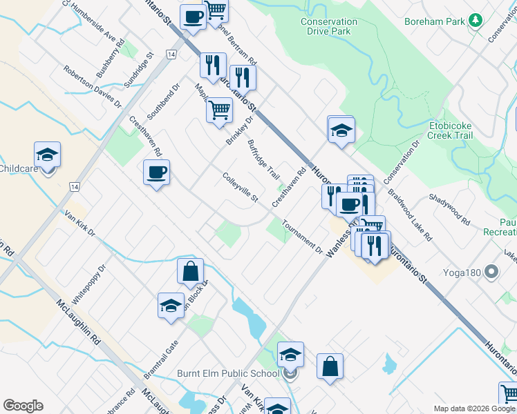 map of restaurants, bars, coffee shops, grocery stores, and more near 10 Colleyville Street in Brampton