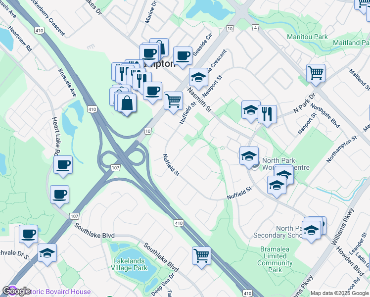 map of restaurants, bars, coffee shops, grocery stores, and more near 28 Novella Place in Brampton