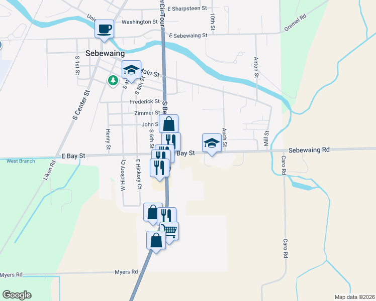 map of restaurants, bars, coffee shops, grocery stores, and more near 600 East Bay Street in Sebewaing