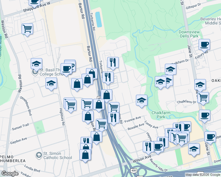 map of restaurants, bars, coffee shops, grocery stores, and more near 8 Jim Baird Mews in Toronto