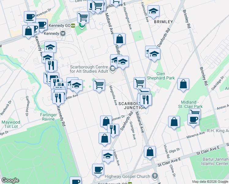 map of restaurants, bars, coffee shops, grocery stores, and more near 177 Magnolia Avenue in Toronto