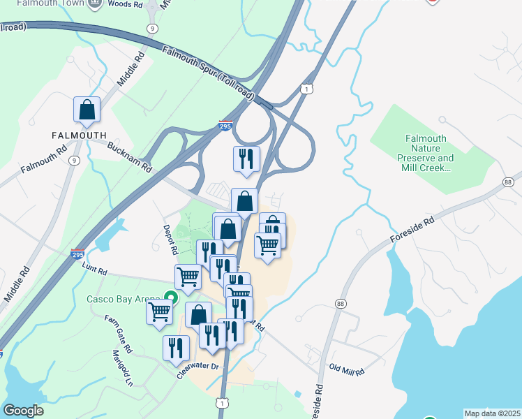 map of restaurants, bars, coffee shops, grocery stores, and more near 275 U.S. 1 in Falmouth