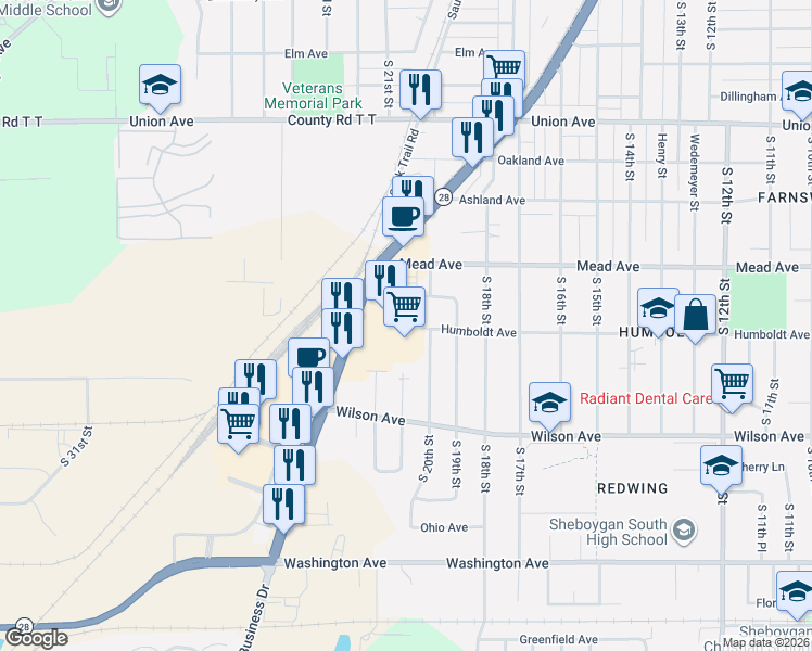 map of restaurants, bars, coffee shops, grocery stores, and more near 2625 South Business Drive in Sheboygan