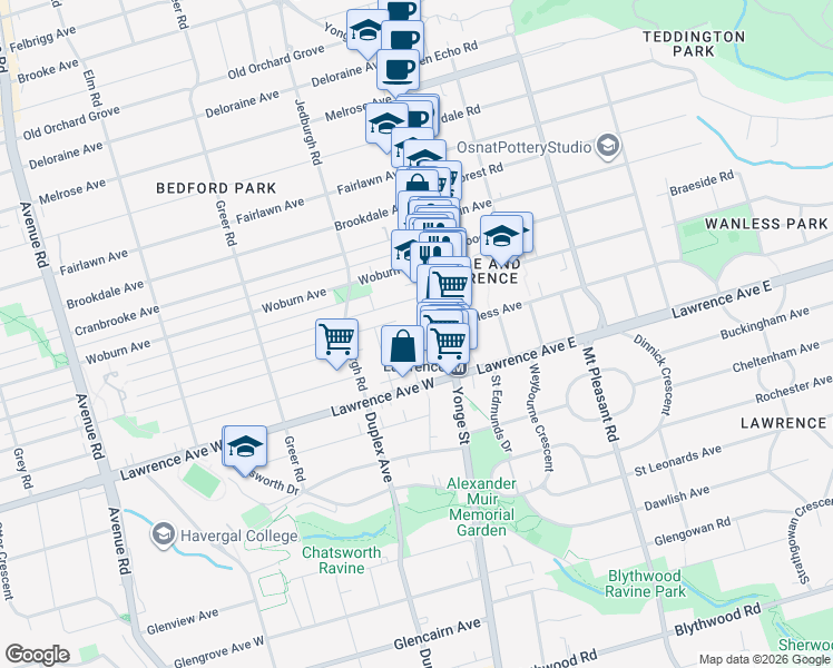 map of restaurants, bars, coffee shops, grocery stores, and more near 45 Lorindale Avenue in Toronto